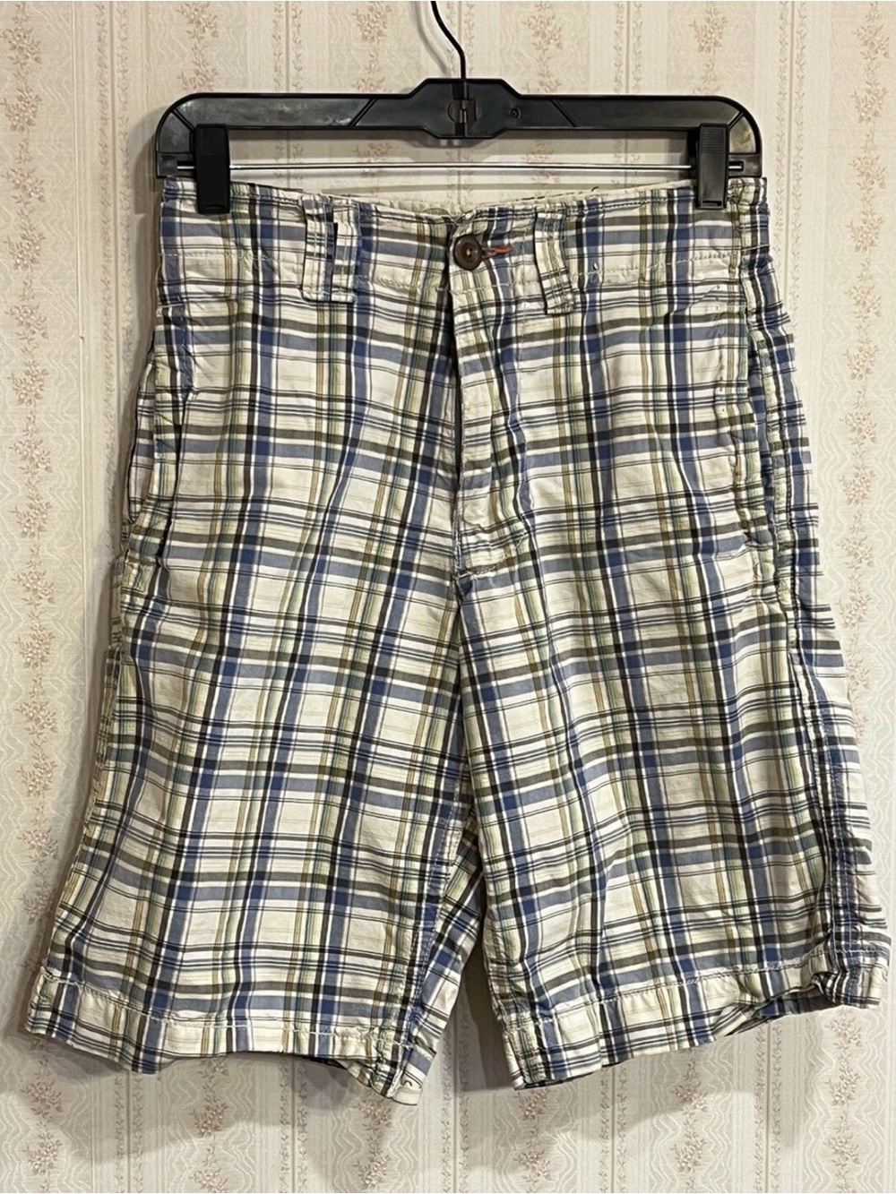 American Eagle Outfitters Plaid Flat Front Shorts in Cream and Blue